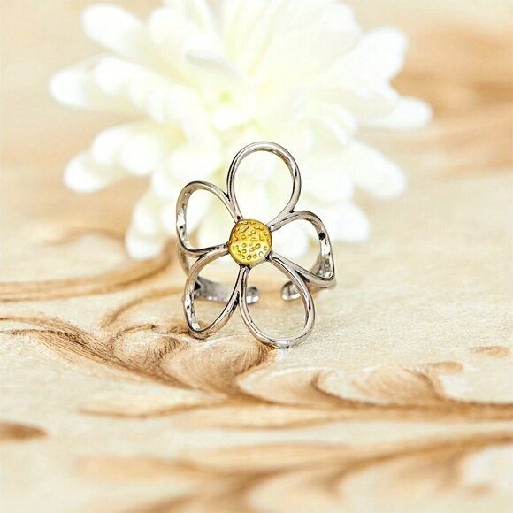 Silver Women's Bohemian Style Hollow Out Flower Design Personality Ring - Picture 3 of 4
